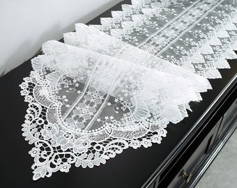 French Style Macrame Table Runner | White Lace Embroidered Table Runner | Festival Event Table Decoration | Farmhouse Sheer Tablecloth