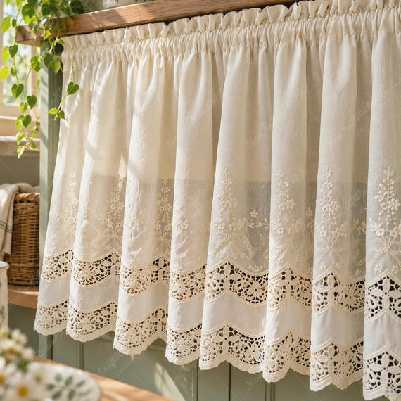 Vintage Floral Embroidery Cotton Tier Curtain,farmhouse Kitchen