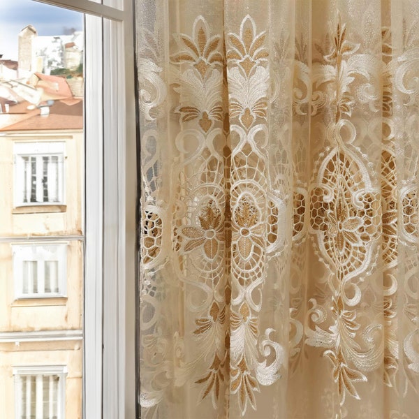 Golden Embroidered Lace Curtains | Retro Style Floral Hollow-out Sheer Drapes For Living room | Rod Pocket Macrame Curtains