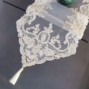 Lace Table Runner, Exquisite Embroidered Lace Table Flag, Table Cloth, Wedding Decoration, Home Decor Lace, Dining Decor Beige/ With Tassel