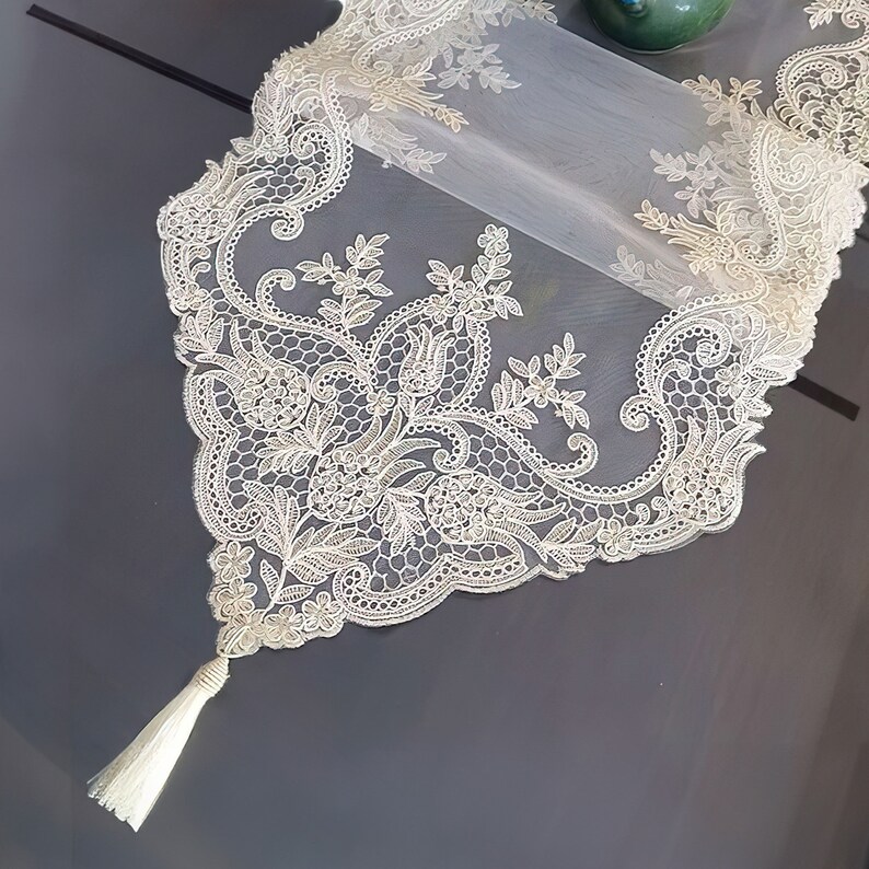 Lace Table Runner, Exquisite Embroidered Lace Table Flag, Table Cloth, Wedding Decoration, Home Decor Lace, Dining Decor Beige/ With Tassel