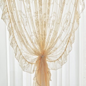 Apricot/White Lace Embroidery Curtains, Lace Embroidery Ruffled Sheer Curtain, French Style Floral Embroidered Curtains, Customizable Size