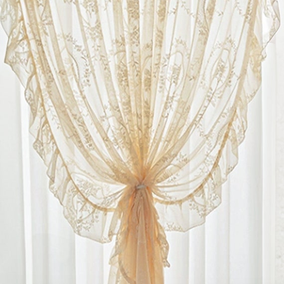 花柄刺繍レースのシアーカーテン：フレンチスタイルのフリル付き窓飾り