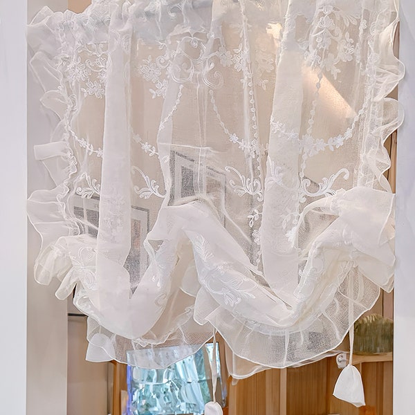 French Style White Lace Embroidered Pull-Up Curtain, Romantic Sheer Balloon Curtains with ruffles, Bohemian Adjustable Tie Up Curtains