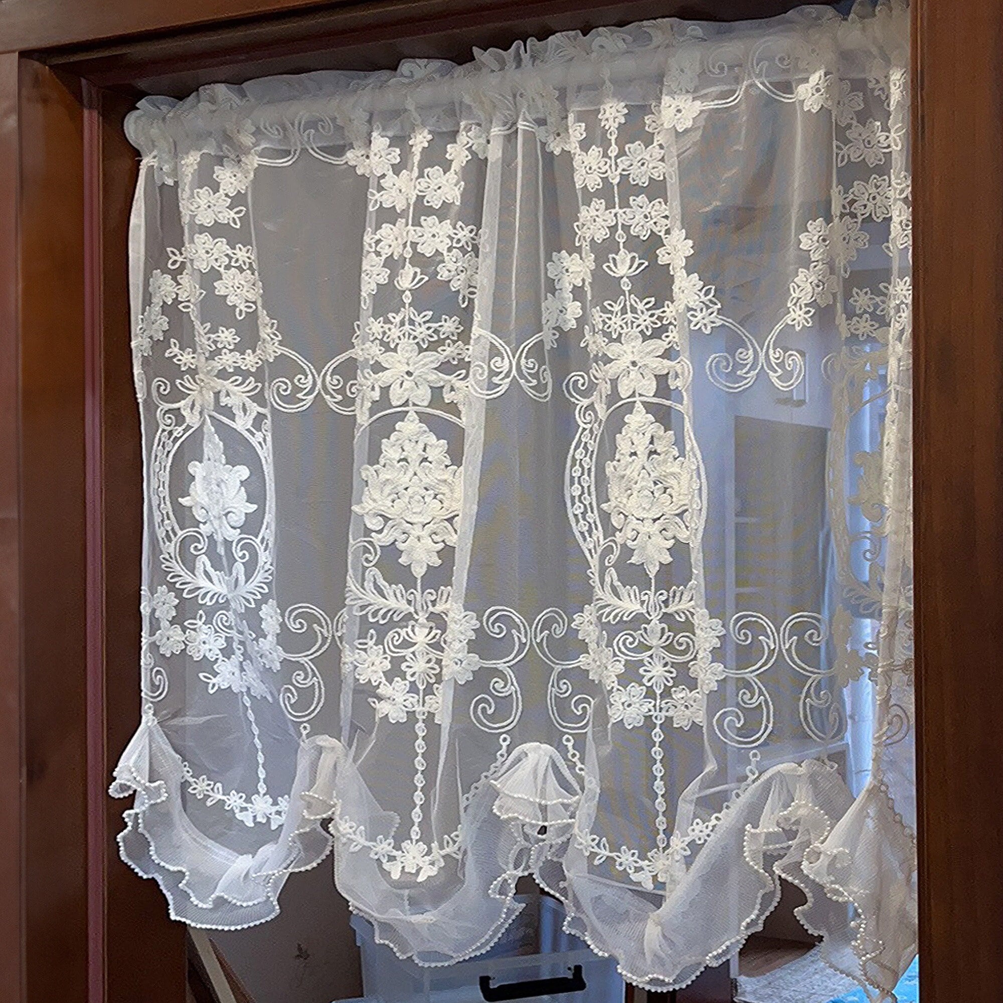 Classic Embroidered Door Curtains, Vintage White Sheer Lace Half Curtains, Elegant Home Decor for Bedroom and Living Room, Rod Pocket