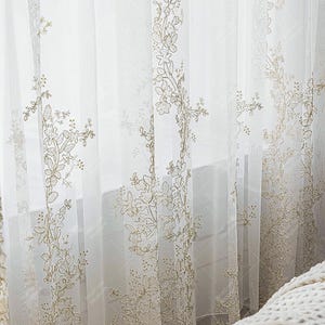 Golden Embroidered Floral Lace Sheer Curtain: Elegant Voile Panel