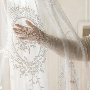 Floral Lace Curtain, Vintage White Embroidered Sheer Drape With Ruffles , Romantic Light Filtering Window Panel