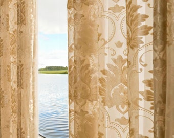 European Raised Floral Sheer Curtain, Elegant Velvet Light Filtering Drapery, Classic Window Treatments Perfect for Living Room