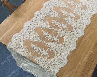 Lace Table Runner with Tassels, Champagne Embroidered  Table Scarf, 20 Inch Wide