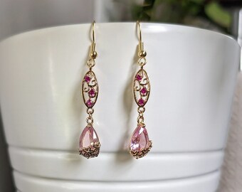 Gold and Pink Teardrop Dangle Earrings, Handmade Water Drop Cubic Zirconia Suncatcher Emerald Jewelry Earrings, Emerald Green Glass Diamond