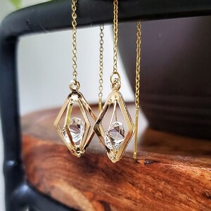 Gold or Silver Zircon Diamond Rhombus Cage Threader Suncatcher Earrings Handmade