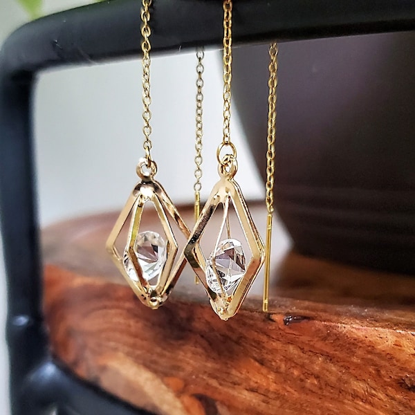 Gold or Silver Zircon Diamond Rhombus Cage Threader Suncatcher Earrings Handmade