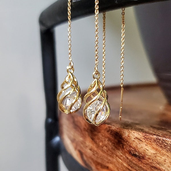 Gouden zirkoon diamanten spiraalinrijger suncatcher oorbellen handgemaakt