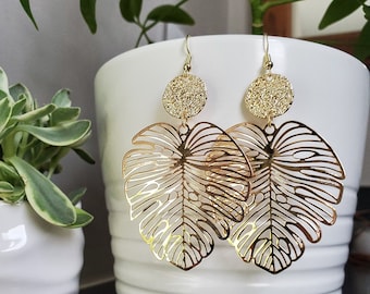 Gold Monstera Deliciosa Tropical Leaf Dangle Earrings Handmade, Houseplant Theme Earrings for Plant Lovers, Shiny Gold Statement Jewelry