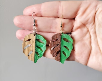 Resin and Walnut Wood Monstera Deliciosa Leaf Dangle Earrings