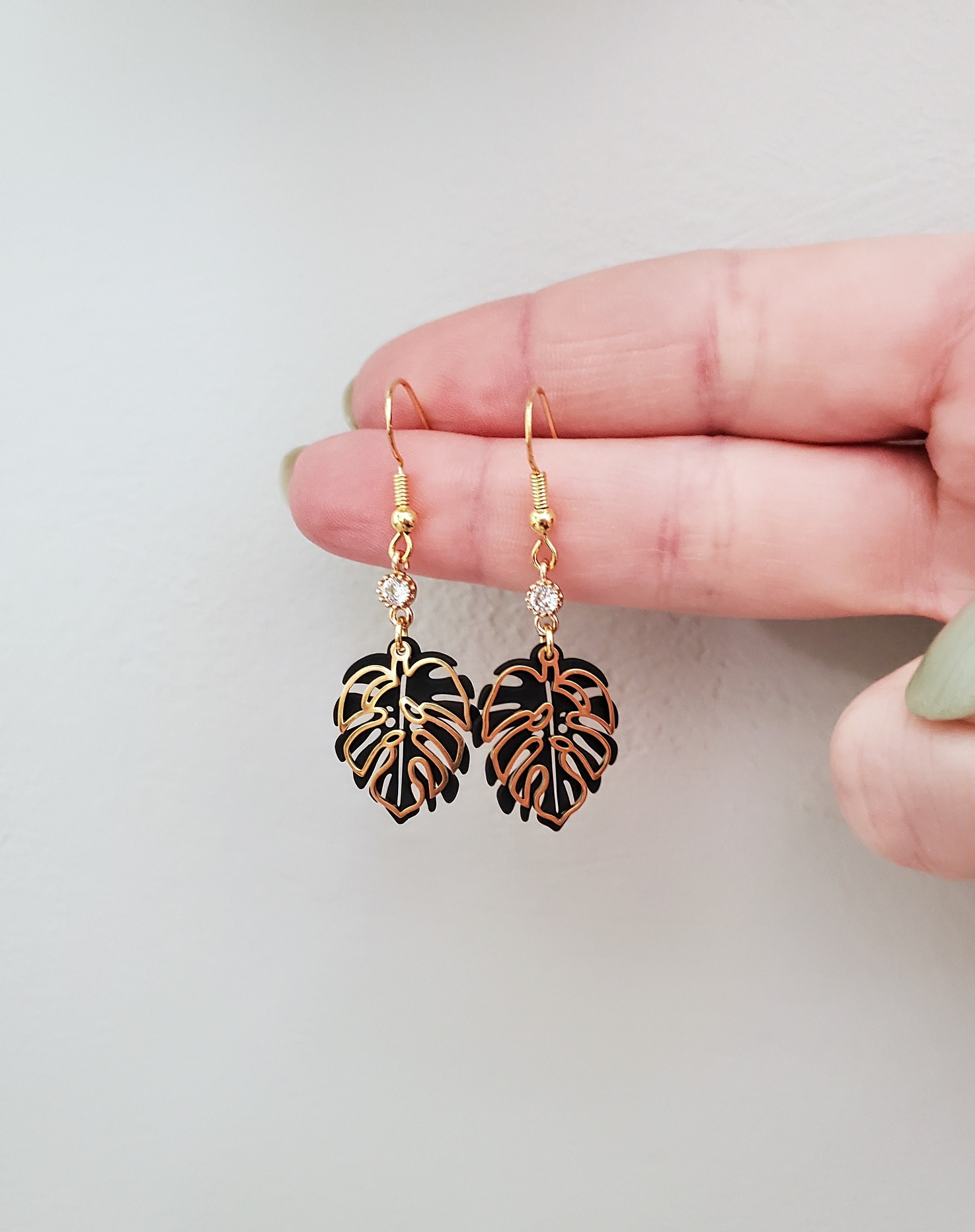 Gold and Black Monstera Leaf Cubic Zirconia Dangle Earrings Handmade