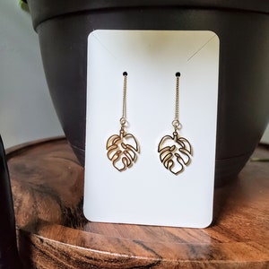 Monstera Deliciosa Threader Earrings Handmade, Gold and Silver Plant Theme Dangle Chain Earrings