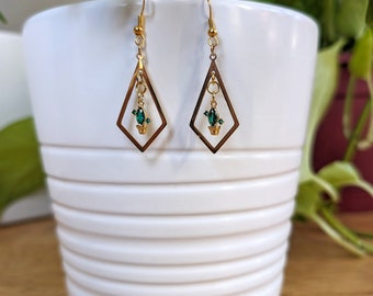 Green Cactus Charm Gold Rhombus Minimalist Dainty Earrings, Gold Stainless Steel Geometric Dangle
