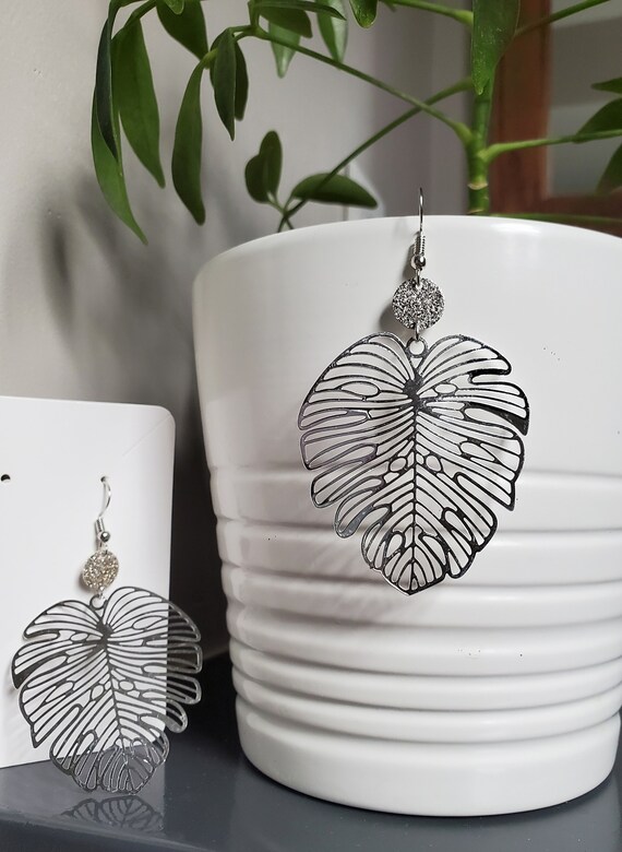 Silver Monstera Deliciosa Tropical Leaf Dangle Earrings Handmade