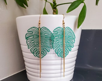 Peacock Green Monstera Tropical Leaf Gold Dangle Earrings Handmade