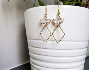 Textured Gold Diamond Rhombus Shape Glass Semi-Circle Dangle Charm Earrings, Gold Dangle Polygon Suncatcher Earring Handmade