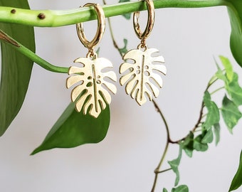 Minimalist Gold or Silver Monstera Charm Gold Huggie Hoop Earrings