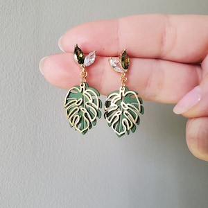 Cubic Zirconia Leaf Stud Gold and Green Monstera Leaf Earrings Handmade