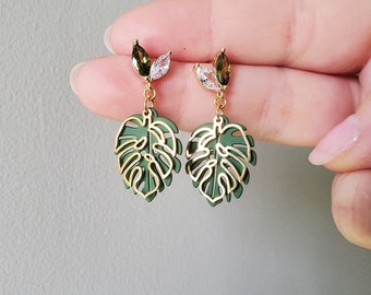 Cubic Zirconia Leaf Stud Gold and Green Monstera Leaf Earrings Handmade