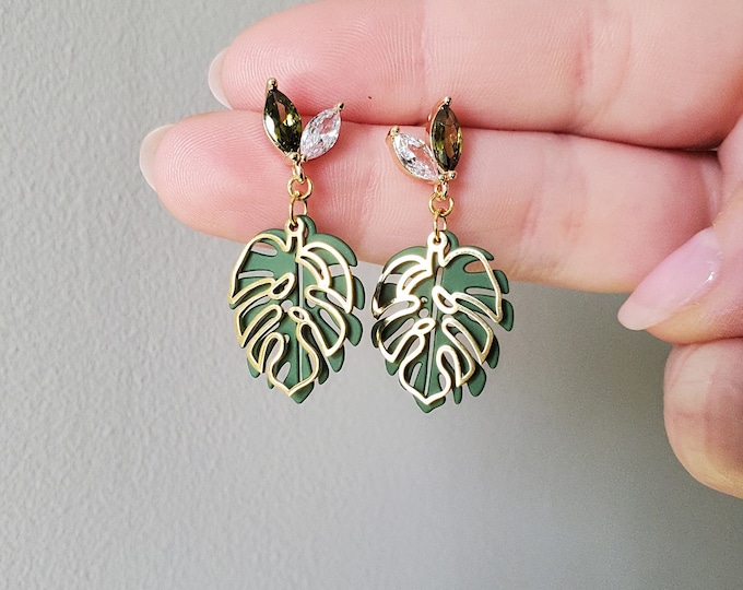 Cubic Zirconia Leaf Stud Gold and Green Monstera Leaf Earrings Handmade