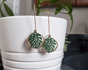 Green Monstera Gold Dangle Earrings Handmade, Planty Theme Earrings