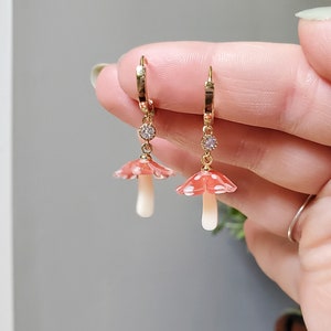 Red Cap Mushroom and Gold Huggie Hoop Dangle Earrings, Green Mushroom Diamond Stud Earrings, Mycology Theme Jewelry, Nature Inspired