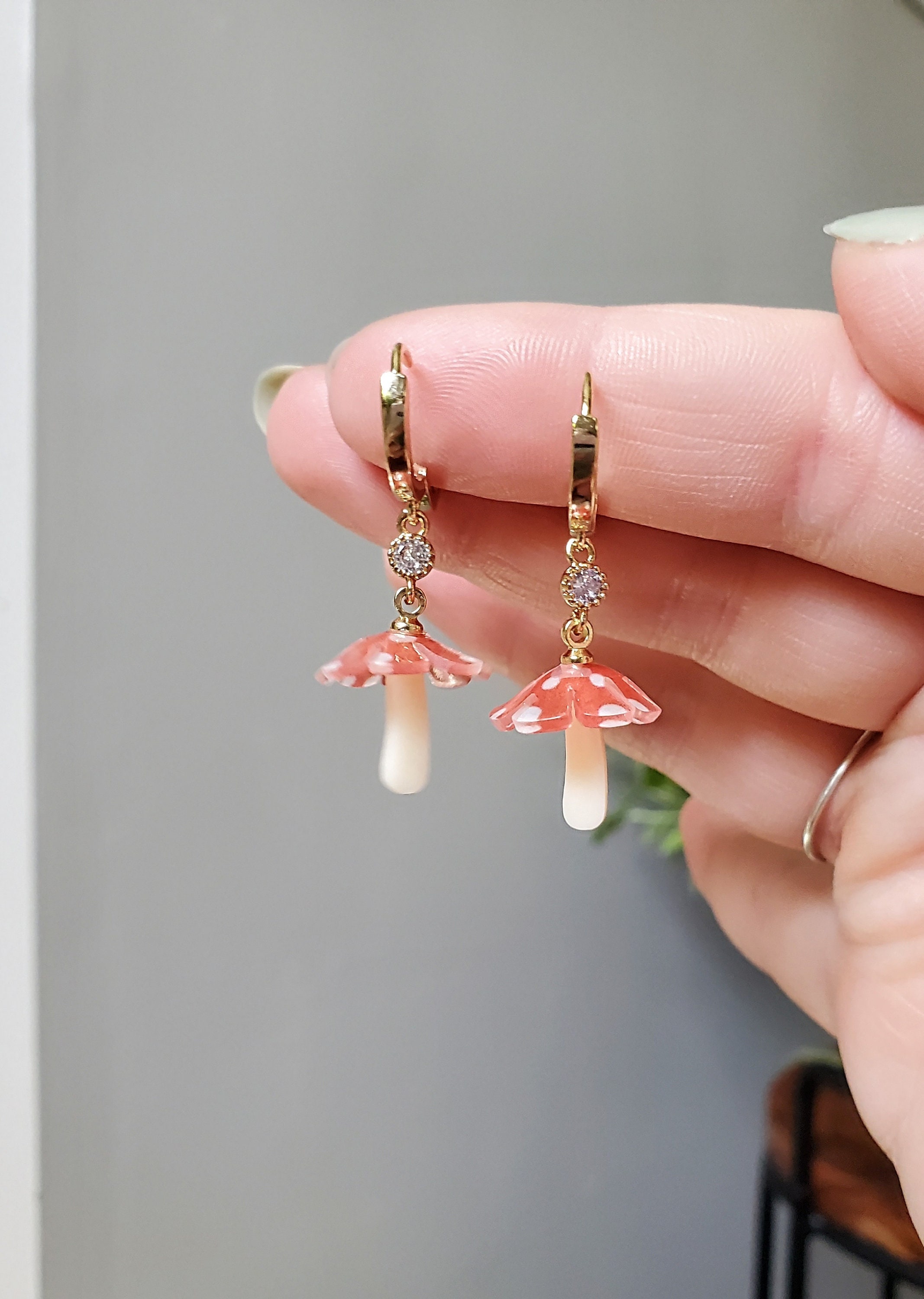 Red Cap Mushroom and Gold Huggie Hoop Dangle Earrings, Green Mushroom  Diamond Stud Earrings, Mycology Theme Jewelry, Nature Inspired