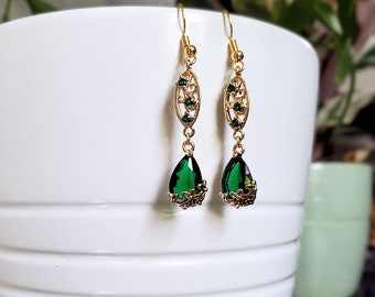 Gold and Green Teardrop Dangle Earrings, Handmade Water Drop Cubic Zirconia Suncatcher Emerald Jewelry Earrings, Emerald Green Glass Diamond