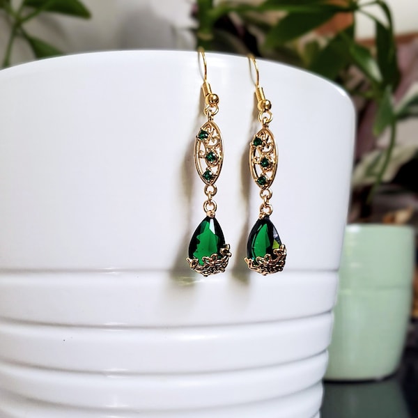 Gold and Green Teardrop Dangle Earrings, Handmade Water Drop Cubic Zirconia Suncatcher Emerald Jewelry Earrings, Emerald Green Glass Diamond