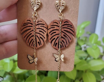 Wood Monstera Leaf Stud Earring with Gold Butterfly Dangle