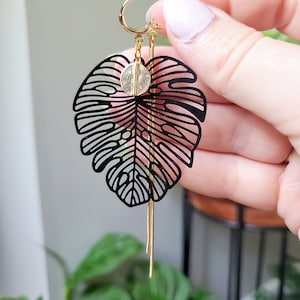 Gold Huggie Hoop Monstera Tropical Leaf Dangle Chain Gold Charm Earrings Handmade Black and Gold White and Gold