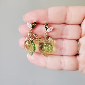 Cubic Zirconia Gold Transparent Green Leaf Earrings Handmade