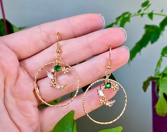 Gold Moon Cubic Zirconia Round Hoop Dangle Charm Earrings Faux Diamond Faux Emerald Celestrial Stars and Moons