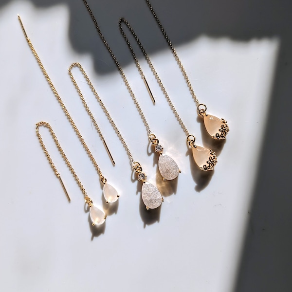 Minimalist Milky White Frosted Glass Water Drop Threader Suncatcher Earrings, Handmade Teardrop Gold Threader Earrings, Dangle Earrings