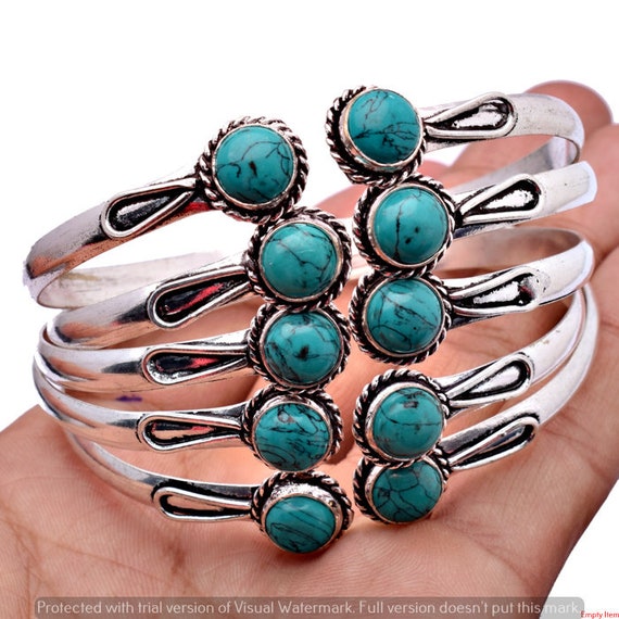 Bracciale Etnico Thailandese Fiori Con Pietre Turchese In ARGENTO 925 15321