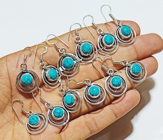 Orecchini Pendenti In Turchese Compresso Placcato Argento – Fatti A Mano In Stile Tibetano – Gioielli Etnici Ipoallergenici Con Gancio In Argento 925 – Regalo In Scatola Portagioie