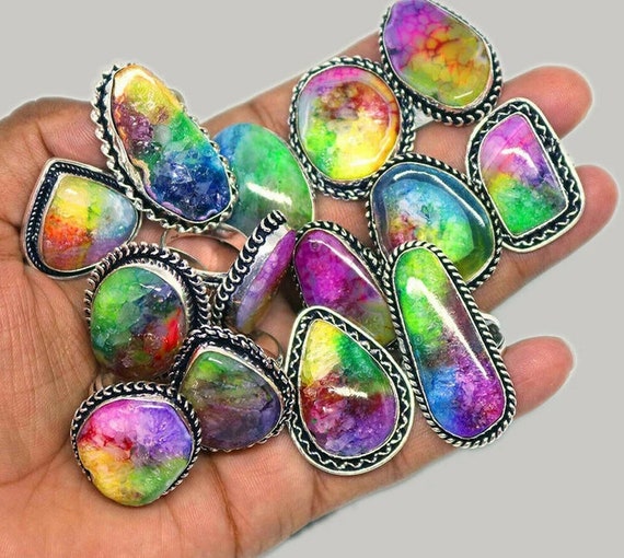 Rainbow Druzy Ring Gemstone Ring Wholesale Lot Ring 925 Sterling Silver Plated Ring Handmade Jewelry Bulk Lot Gift For Her Free Shipping