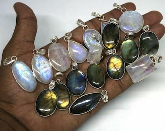 AAA Natural Rainbow Moonstone & Labradorite Gemstone Wholesale Lot 925 Sterling Silver Jewelry, Beautiful Piece Of Pendant Women's Gift Lot