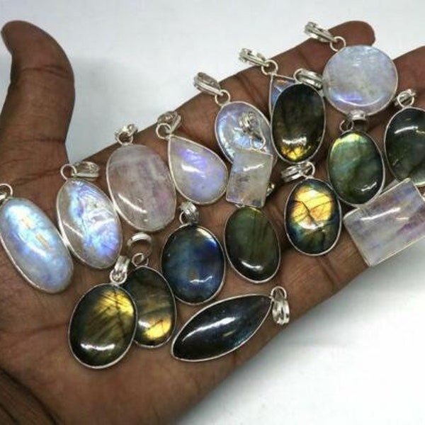 AAA Natural Rainbow Moonstone & Labradorite Gemstone Wholesale Lot 925 Sterling Silver Jewelry, Beautiful Piece Of Pendant Women's Gift Lot