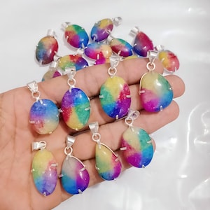 Rainbow Druzy Gemstone Pendant: 925 Sterling Silver Plated, Handmade