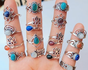 Assorted Gemstone Rings: 925 Sterling Silver Plated, Handmade Mystery Pack