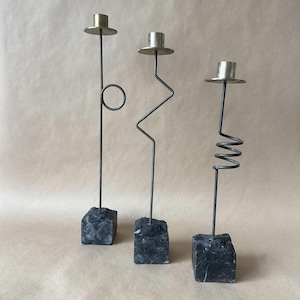 Trio of vintage IKEA Krasen brass and granite candle holders by Ehlen Johansson 1987