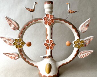 Vintage Mexican Tree Of Life Hand Painted Candelabra Candle Holder Birds Folk Art