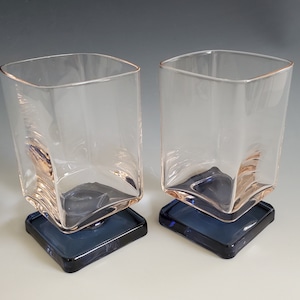 Vintage DiSaronno Rocks Lowball Pink with Cobalt Blue Square Foot