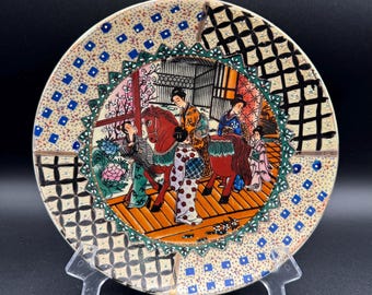 Piatto vintage in ceramica Satsuma con figure di Giesha